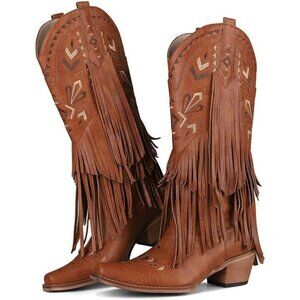 Women's Brown Cowgirl Boots Knee High Fringe Boots Comfortable Comfy Foot heel